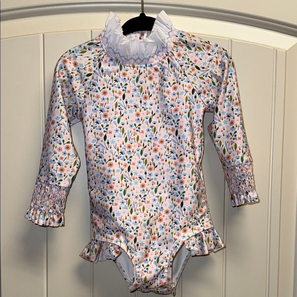 Floral Long Sleeve smocked Ruffle Swimsuit